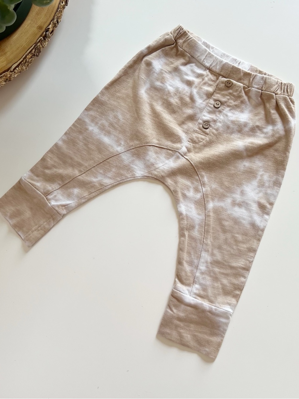 Rylee + Cru Neutral Tan Harem Sweatpants with Button Front | 12-18m